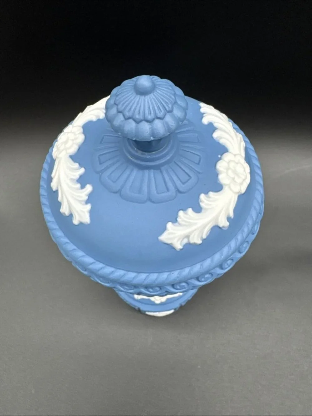 Vintage Blue Jasperware Style Ornate Cherub Floral Urn Apothecary 8”